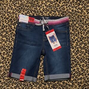 Vigoss girls 9-10 Dark Blue Denim Shorts with Glittery Silver and Pink Waistband